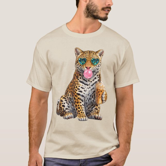 Camiseta Leopardo Fofo com Óculos de Sol Coração e Chiclete (Frente)