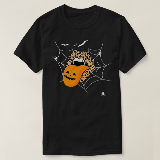 Camiseta Leopardo Imprime Lábios de Halloween Língua com Ar (Frente do Design)