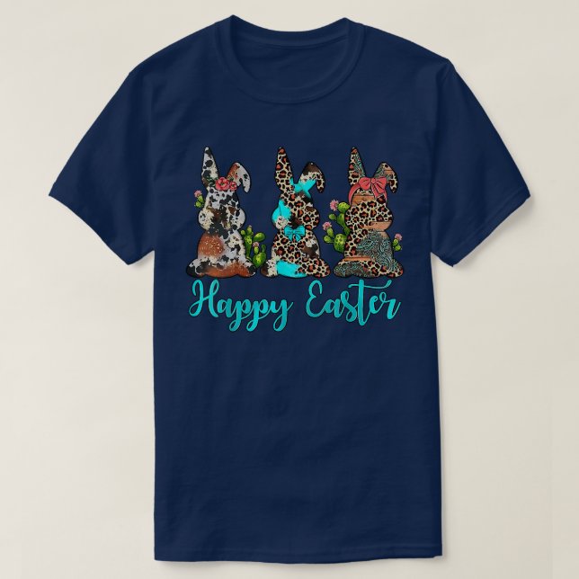 Camiseta Leopardo Ocidental Cowhide Turquoise Bunnies Happy (Frente do Design)
