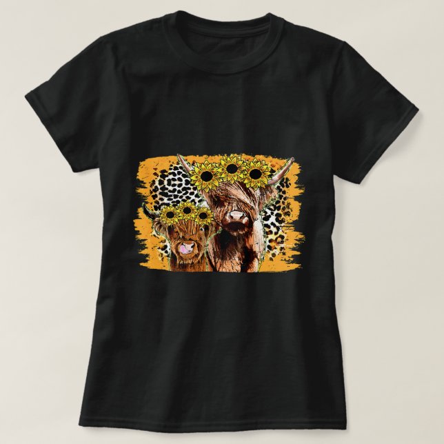 Camiseta Lepard Sunflower Highland Cow Western Country Hei (Frente do Design)