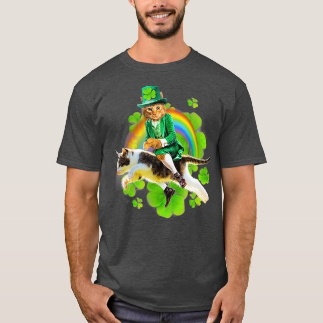Camiseta Leprechaun Cat Andando no Rainbow St Patty (Frente)
