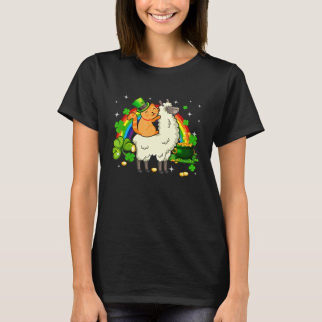 Camiseta Leprechaun Cat Riding Llama Happy Dia de São Patrí (Frente)