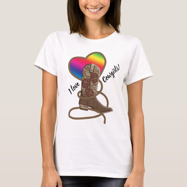Camiseta Lésbica orgulho gay I Love CowGirl Rainbow Heart (Frente)