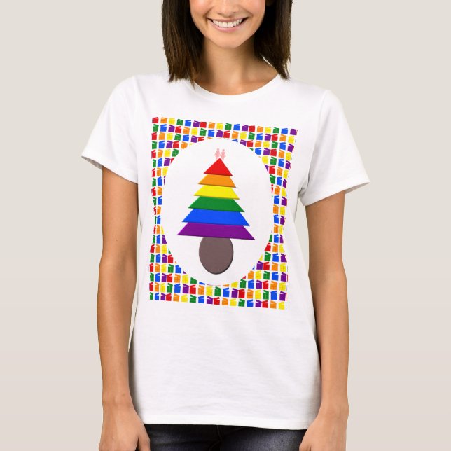 Camiseta Lésbicas Árvore de Natal Rainbow e Presentes (Frente)