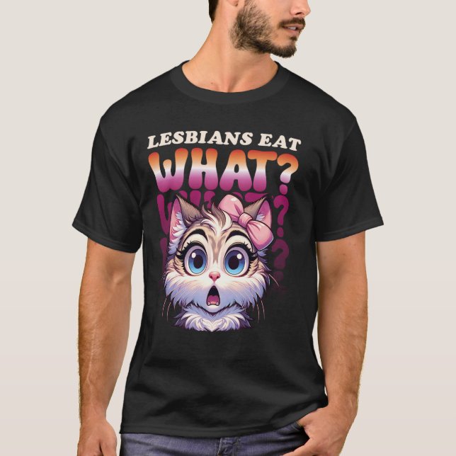 Camiseta Lésbicas Comem Que Design de Gato Engraçado Amor & (Frente)