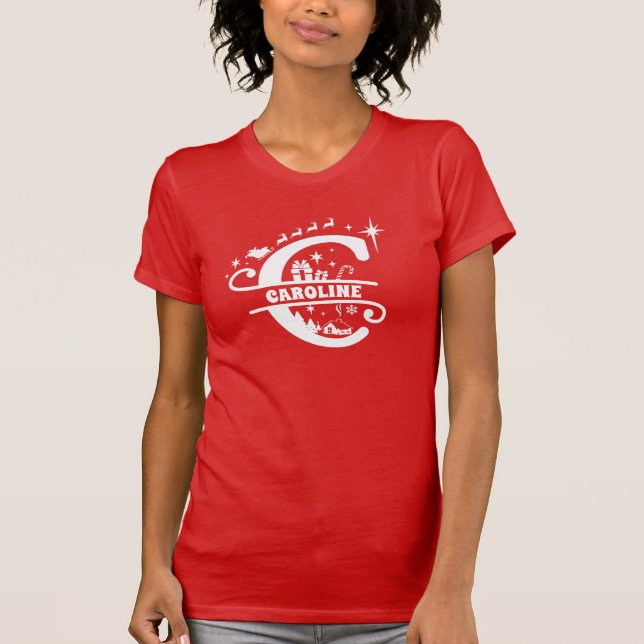 Camiseta Letra C Monograma de Natal Nome Inicial Vermelho (Frente)
