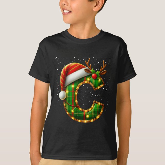 Camiseta Letra C Natal Xadrez Chapéu do Papai Noel Monogram (Frente)