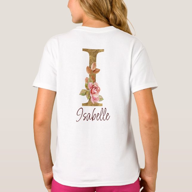 Camiseta Letra de Nome Personalizado I Rosas Rosa Bege com  (Verso)