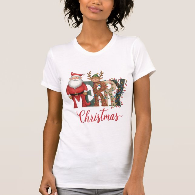 Camiseta Letra de Personagem Natalino Alegre | Papai Noel & (Frente)