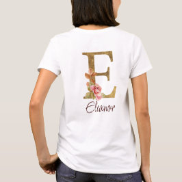 Camiseta Letra E Nome Personalizado Folha Dourada Rosas Ros