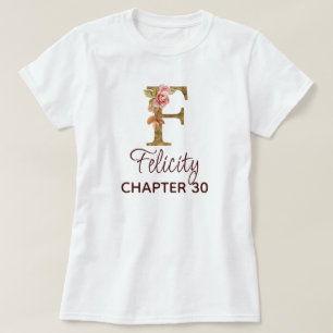 Camiseta Letra F Monograma Dourado Rosas Rosa Natalício