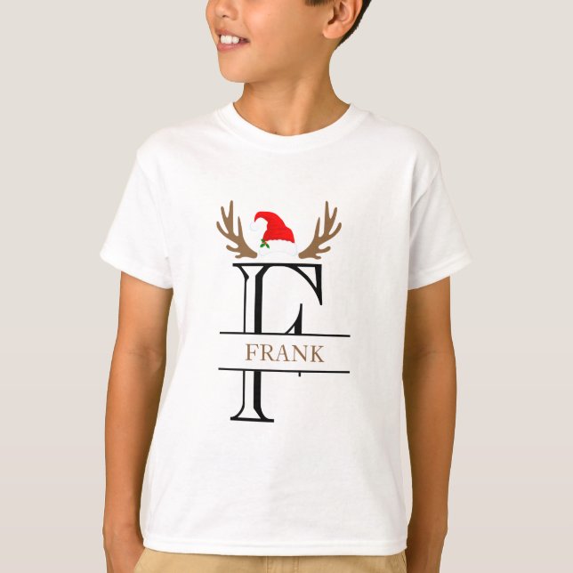 Camiseta Letra inicial personalizada F Antlers Santa Hat (Frente)
