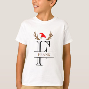 Camiseta Letra Inicial Personalizada F Chapéu de Papai Noel