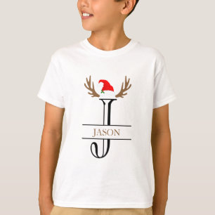 Camiseta Letra Inicial Personalizada J Chapéu de Papai Noel