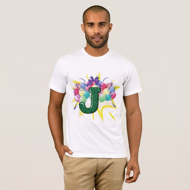 Camiseta Letra J de Monograma de Celebração com Balões (Frente Completa)