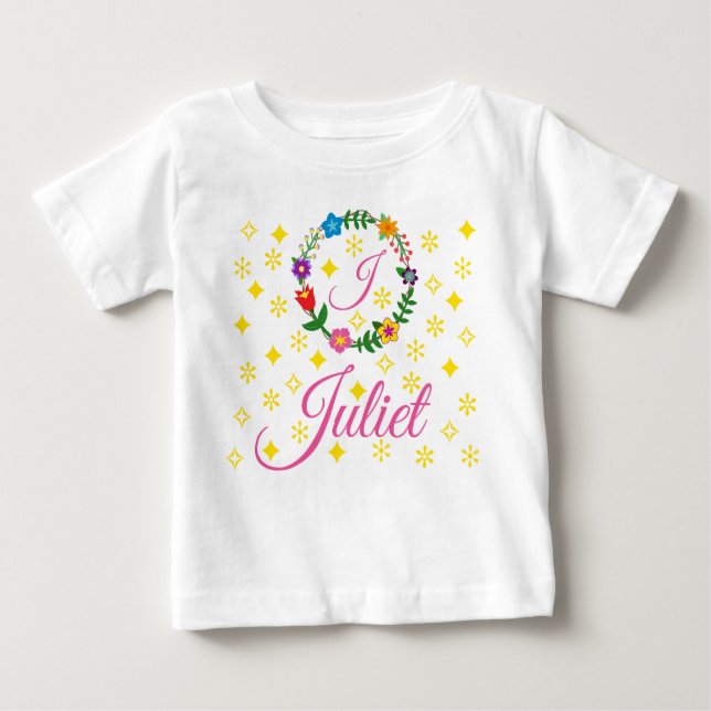 Camiseta Letra J, Julieta, Chá, Flores e Estrelas (Frente)