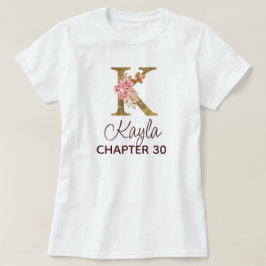 Camiseta Letra K Monograma Dourado Rosas Rosa Aniversário