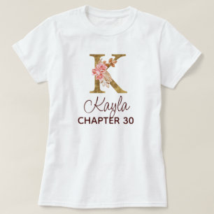 Camiseta Letra K Monograma Dourado Rosas Rosa Aniversário