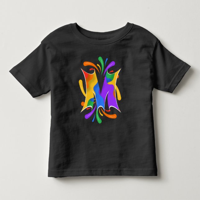 Camiseta Letra M Monograma Abstrato Arco-íris (Frente)