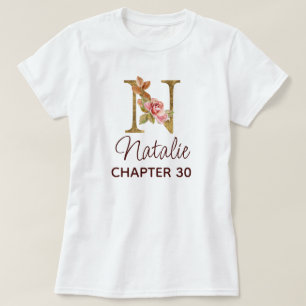 Camiseta Letra N Monograma Dourado Rosas Rosa Natalício