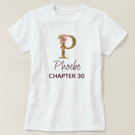 Camiseta Letra P Monograma Dourado Rosas Rosa Aniversário