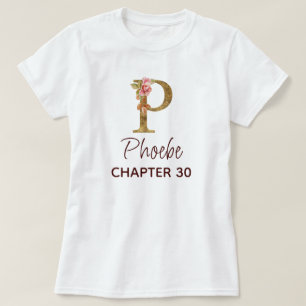Camiseta Letra P Monograma Dourado Rosas Rosa Aniversário
