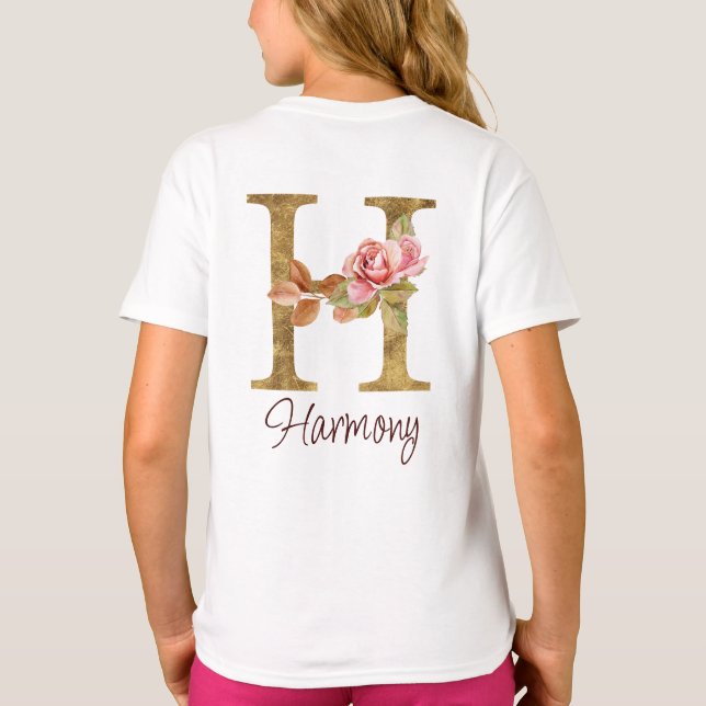 Camiseta Letra Personalizada H Folha de Ouro Rosa Cor-de-Ro (Verso)