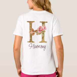 Camiseta Letra Personalizada H Folha Dourada Rosas Rosa Des