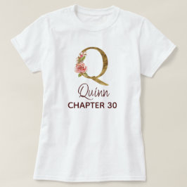 Camiseta Letra Q Monograma Dourado Rosas Rosa Aniversário