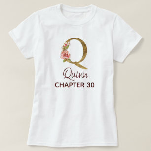Camiseta Letra Q Monograma Dourado Rosas Rosa Aniversário