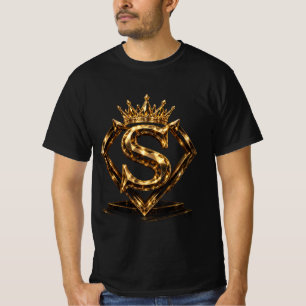 Camiseta Letra S Dourada de Luxo Coroa Monograma de Diamant