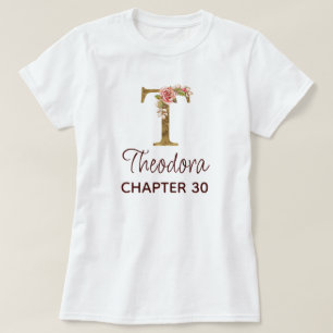 Camiseta Letra T Monograma Dourado Rosas Rosa Aniversário