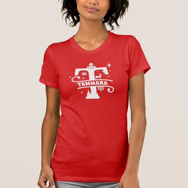 Camiseta Letra T Natal Monograma Nome inicial Vermelho (Frente)