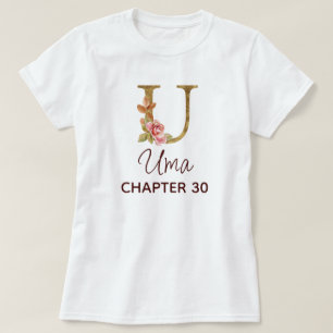 Camiseta Letra U Monograma Dourado Rosas Rosa Aniversário