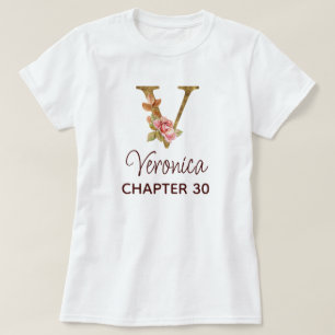 Camiseta Letra V Monograma Dourado Rosas Rosa Aniversário