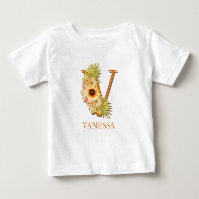 Camiseta Letra V Monograma Floral de Girassol com Nome (Frente)