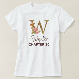 Camiseta Letra W Monograma Dourado Rosas Rosa Aniversário