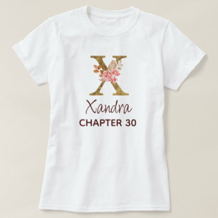 Camiseta Letra X Monograma Dourado Rosas Rosa Aniversário