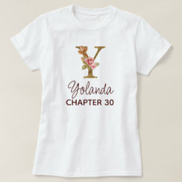 Camiseta Letra Y Monograma Dourado Rosas Rosa Aniversário
