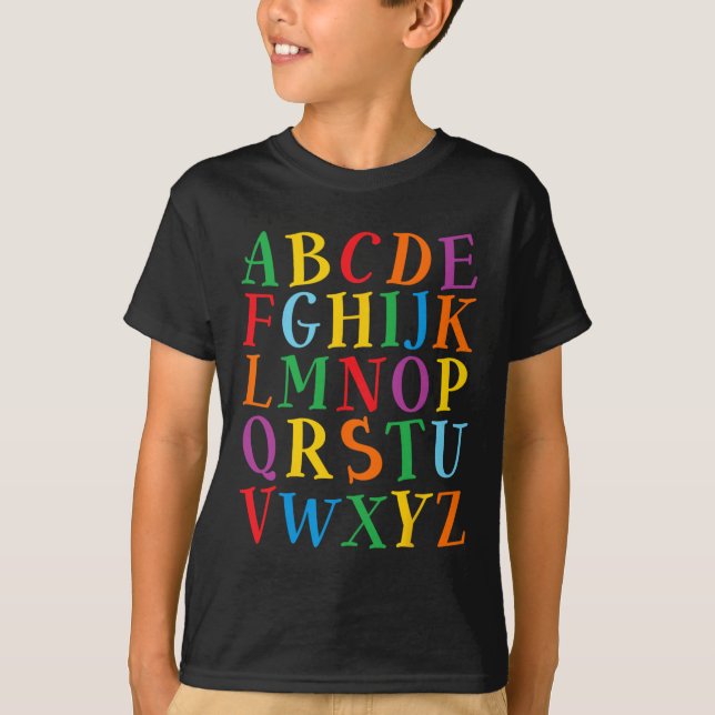Camiseta Letras de Cores Divertidas Alfabeto Aprender Abcs  (Frente)