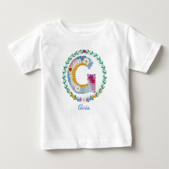 Camiseta Letras Flores "G" Inicial com Nome Personalizado (Frente)
