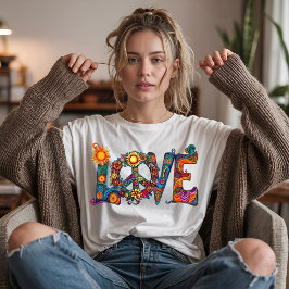 Camiseta Letras Psicodélicas de Amor Hippie Retrô