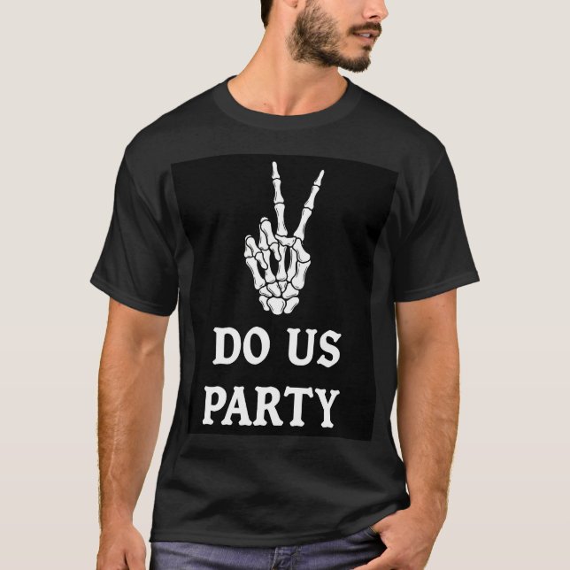 Camiseta Letreiro de Mão de Esqueleto Estilo Festa de Rock (Frente)