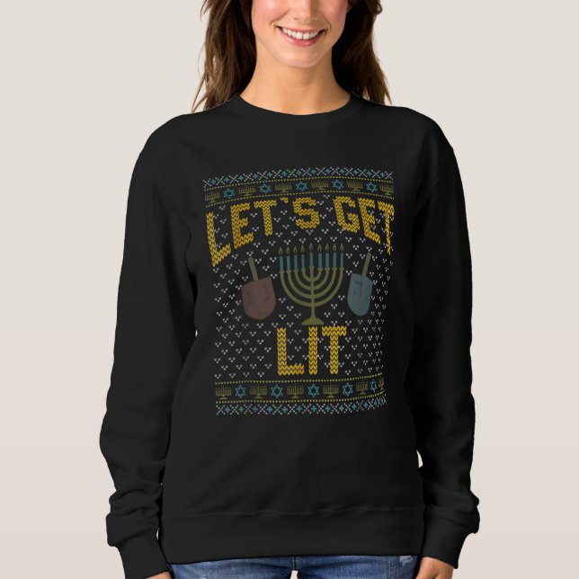 Camiseta Let's Get Lit Drinking Ugly Hanukkah Sweater (Frente)
