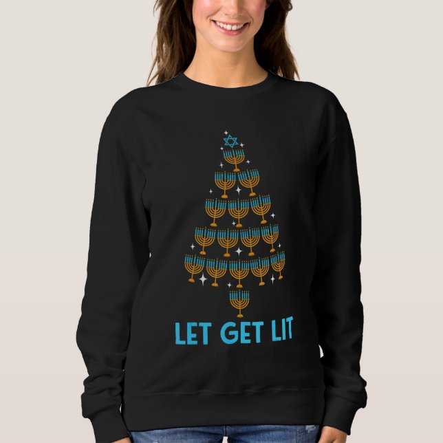 Camiseta Lets Get Lit Menorah Christmas Tree Ugly Hanukkah  (Frente)
