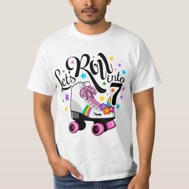 Camiseta Lets roll into 7 Birthday. Unicorn, Roller skate  (Frente)