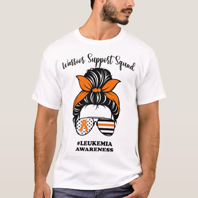 Camiseta Leukemia Awareness Warrior Support Squad Messy Bun (Frente)