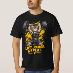 Camiseta Levantar Pausar Repetir Gato Divertido de Academia