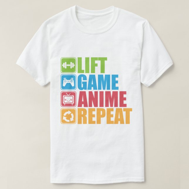 Camiseta Levante, Jogo, Anime, Repita - Pictograma de Ícone (Frente do Design)