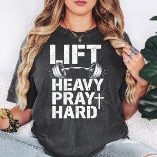 Camiseta Levante Pesado Reze Duro Haltere Fitness Cristão